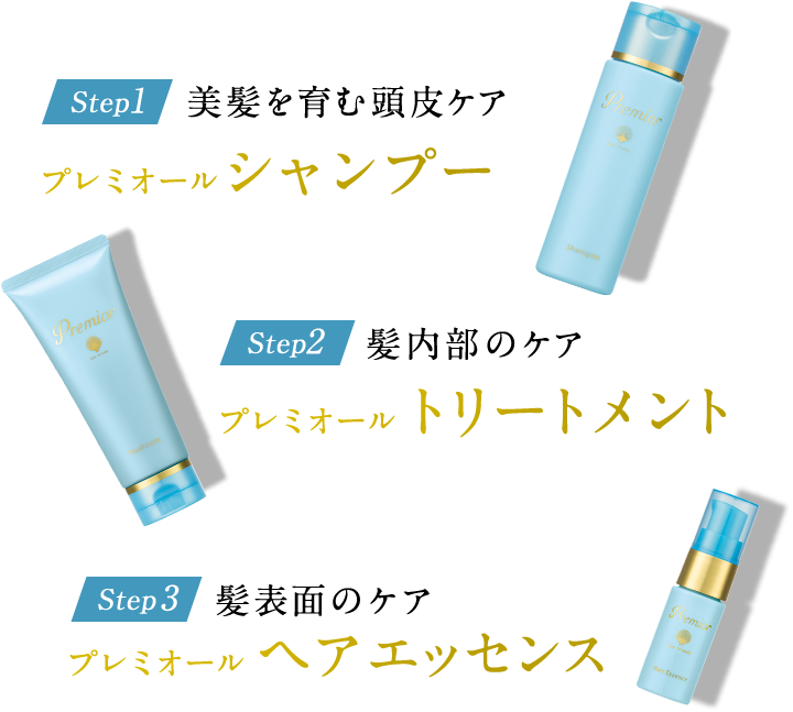Step1 美髪を育む頭皮ケア プレミオールシャンプー Step2 髪内部のケア プレミオールトリートメント Step3 髪表面のケア プレミオール ヘア エッセンス