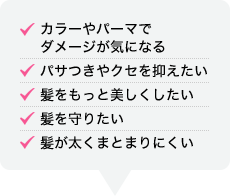 カラーやパーマで ダメージが気になる パサつきやクセを抑えたい 髪をもっと美しくしたい 髪を守りたい 髪が太くまとまりにくい