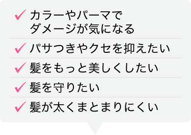 カラーやパーマで ダメージが気になる パサつきやクセを抑えたい 髪をもっと美しくしたい 髪を守りたい 髪が太くまとまりにくい