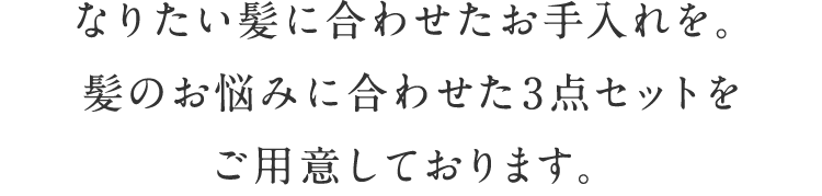 なりたい髪に合わせたお⼿⼊れを。髪のお悩みに合わせた3点セットをご⽤意しております。