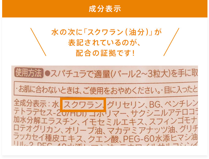 成分表示 水の次に「スクワラン（油分）」が表記されているのが、配合の証拠です！