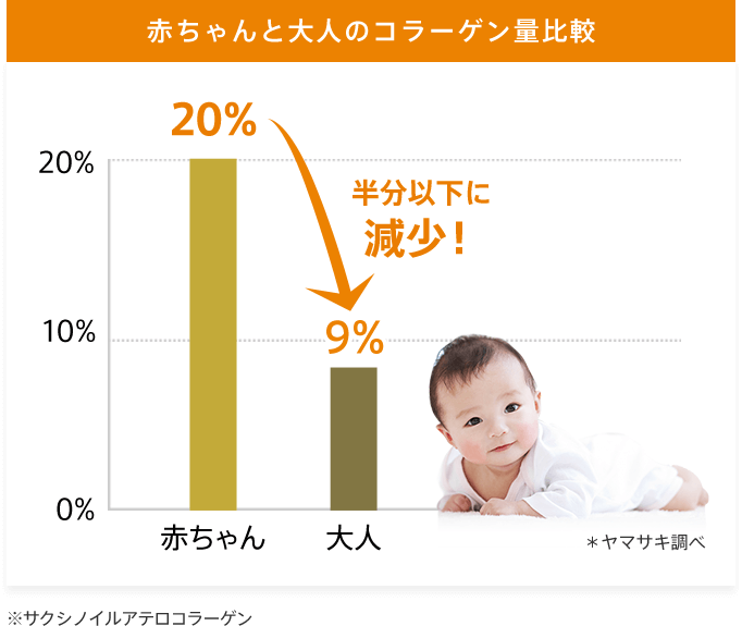 赤ちゃんと大人のコラーゲン量比較 20%→9% 半分以下に減少！ ※ヤマサキ調べ ※サクシノイルアテロコラーゲン