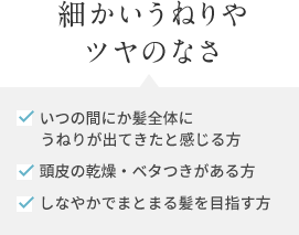 細かいうねりや ツヤのなさ いつの間にか髪全体に うねりが出てきたと感じる方 頭皮の乾燥・ベタつきがある方 しなやかでまとまる髪を目指す方