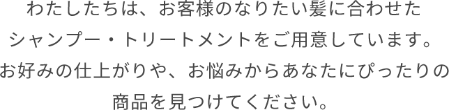 わたしたちは、お客様のなりたい髪に合わせたシャンプー・トリートメントをご用意しています。お好みの仕上がりや、お悩みからあなたにぴったりの商品を見つけてください。