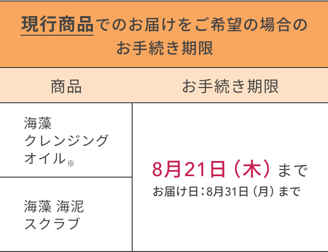 現行商品でのお届けをご希望の場合のお手続き期限  商品  お手続き期限  海藻 クレンジング オイル※  8月21日（木）まで  お届け日：8月31日（月）まで  海藻 海泥 スクラブ  8月21日（木）まで  お届け日：8月31日（月）まで