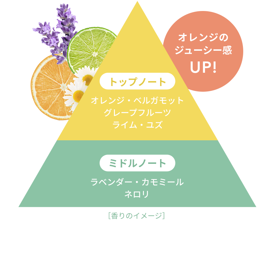 オレンジのジューシー感UP!  トップノート オレンジ・ベルガモット グレープフルーツ ライム・ユズ  ミドルノート ラベンダー・カモミール ネロリ  ［香りのイメージ］