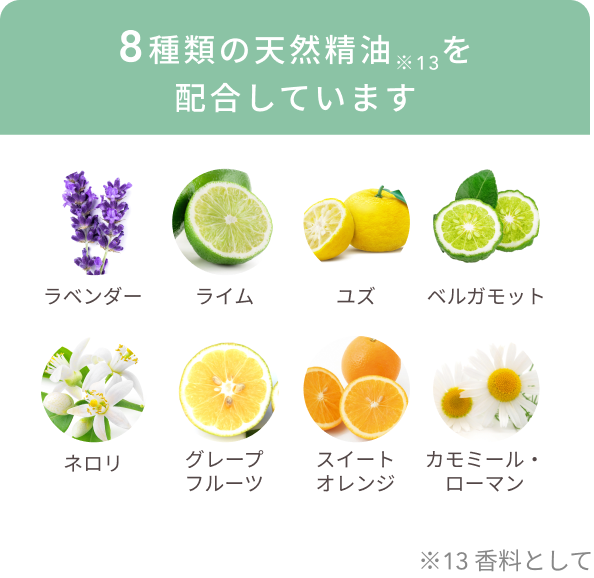 8種類の天然精油※13を配合しています  ラベンダー ライム ユズ ベルガモット ネロリ グレープ フルーツ スイート オレンジ カモミール・ ローマン  ※13 香料として