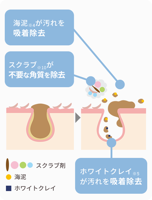 海泥※4が汚れを吸着除去  スクラブ※10が不要な角質を除去  ホワイトクレイ※5が汚れを吸着除去  スクラブ剤 海泥 ホワイトクレイ