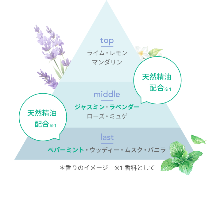top  ライム・レモン  マンダリン  middle  ジャスミン・ラベンダー  ローズ・ミュゲ  天然精油配合※1  last  ペパーミント・ウッディー・ムスク・バニラ  天然精油配合※1  ＊香りのイメージ　※1 香料として