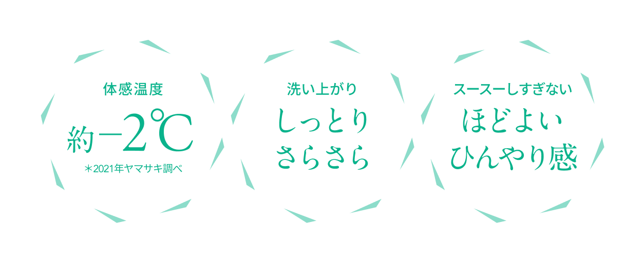 体感温度 約-2℃*2021年ヤマサキ調べ  洗い上がり しっとりさらさら  スースーしすぎない ほどよいひんやり感