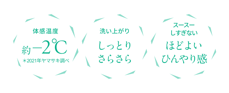 体感温度 約-2℃*2021年ヤマサキ調べ  洗い上がり しっとりさらさら  スースーしすぎない ほどよいひんやり感