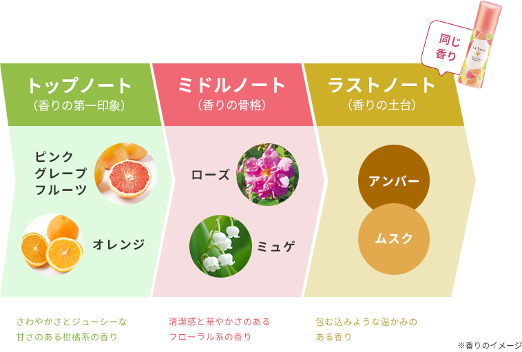 トップノート （香りの第一印象） ピンクグレープフルーツ オレンジ さわやかさとジューシーな甘さのある柑橘系の香り  ミドルノート （香りの骨格） ローズ ミュゲ 清潔感と華やかさのあるフローラル系の香り  ラストノート （香りの土台）同じ香り アンバー ムスク 包む込みような温かみのある香り  ※香りのイメージ