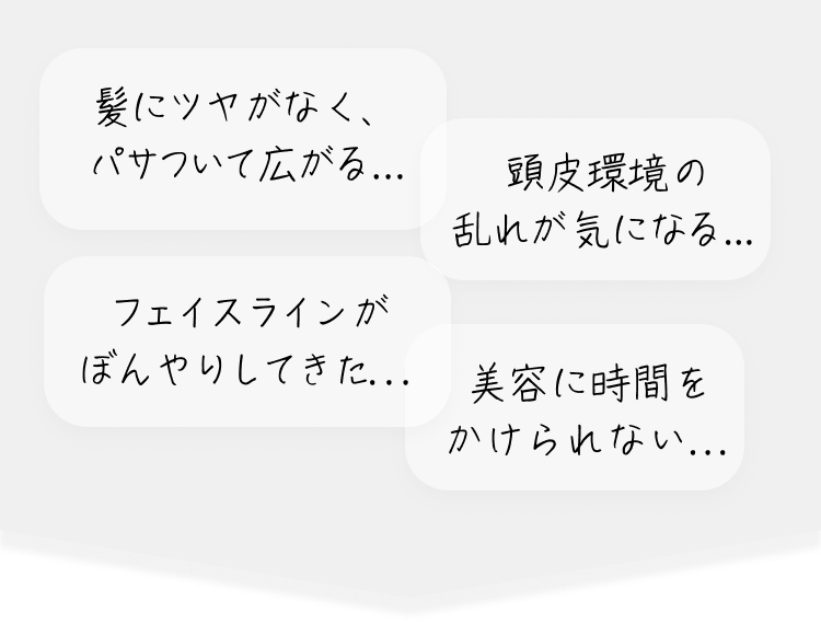 髪にツヤがなく、パサついて広がる... 頭皮環境の乱れが気になる... フェイスラインがぼんやりしてきた... 美容に時間をかけられない...