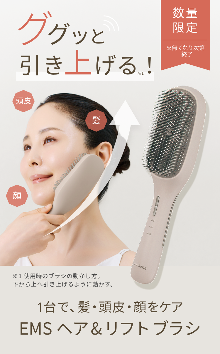 数量限定 ※無くなり次第終了 ググッと引き上げる※1! 1台で、髪・頭皮・顔をケア EMSヘア&リフトブラシ ※1 使用時のブラシの動かし方。下から上へ引き上げるように動かす。