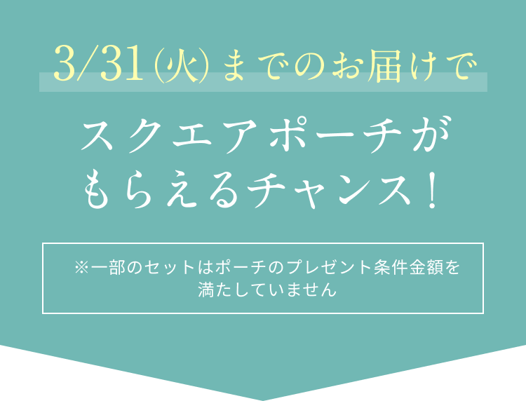 3/31（火）までのお届けでスクエアポーチがもらえるチャンス！  ※一部のセットはポーチのプレゼント条件金額を満たしていません