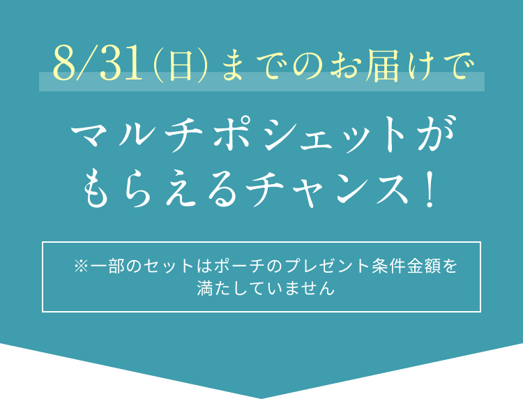 8/31（日）までのお届けでマルチポシェットがもらえるチャンス！  ※一部のセットはポーチのプレゼント条件金額を満たしていません