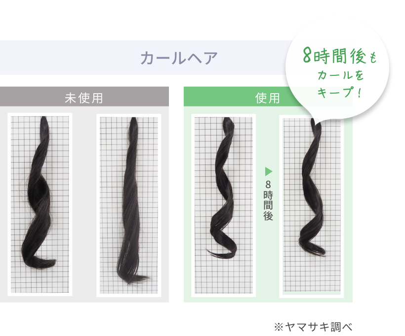 カールヘア  8時間後もカールをキープ！  未使用  8時間後  使用  ※ヤマサキ調べ
