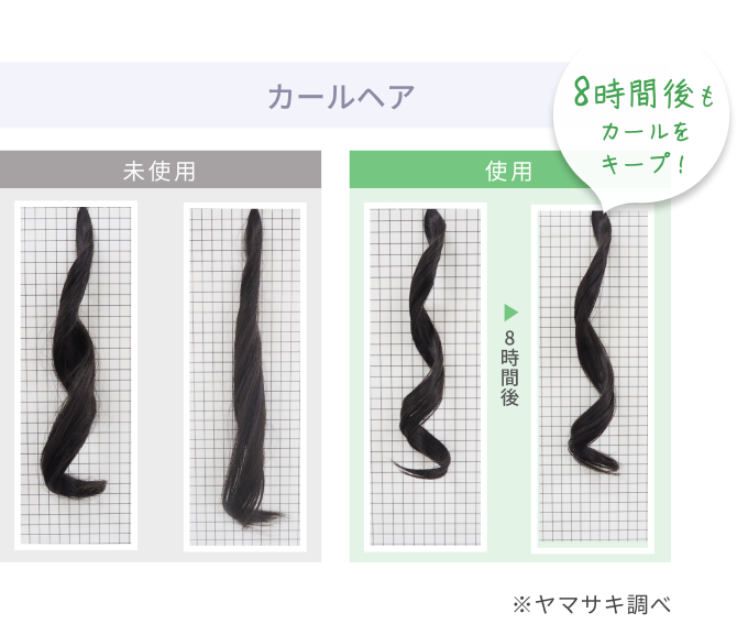 カールヘア  8時間後もカールをキープ！  未使用  8時間後  使用  ※ヤマサキ調べ