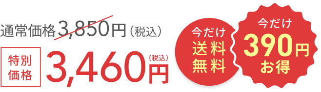 通常価格 3,850円(税込) 特別価格3,460円(税込) 今だけ送料無料 + 今だけ390円お得