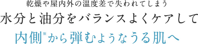 乾燥や屋内外の温度差で失われてしまう水分と油分をバランスよくケアして内側※から弾むようなうる肌へ