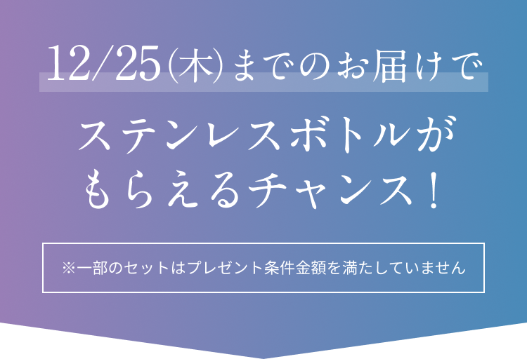 12/25（木）までのお届けでステンレスボトルがもらえるチャンス！  ※一部のセットはプレゼント条件金額を満たしていません