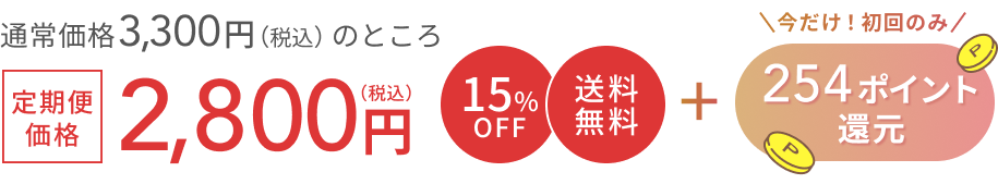 通常価格 3,300円（税込）のところ  定期便価格 2,800円（税込） 15%OFF 送料無料  +  今だけ！初回のみ254ポイント還元