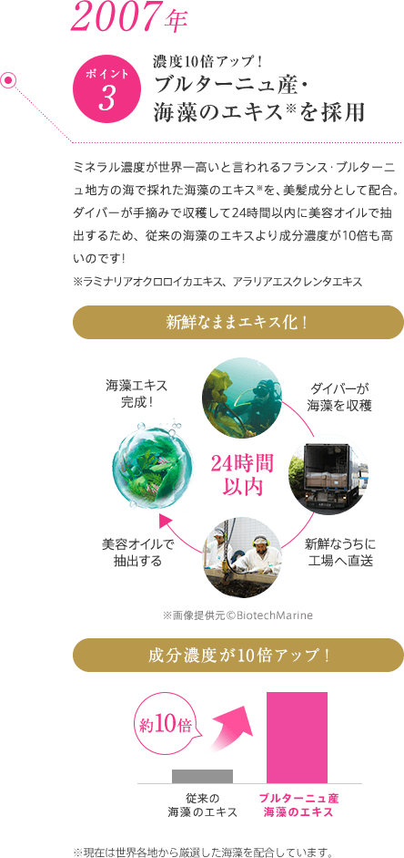 2007年 ポイント3 濃度も効果も10倍アップ！ブルターニュ産・海藻のエキスを採用 ミネラル濃度が世界一高いと言われるフランス・ブルターニュ地方の海で採れた海藻のエキスを、美髪成分として配合。ダイバーが手摘みで収穫して24時間以内に美容オイルで抽出するため、一般的な海藻のエキスより成分濃度が10倍も高いのです！新鮮なままエキス化！ダイバーが海藻を収穫 新鮮なうちに工場へ直送 美容オイルで抽出する 海藻エキス完成！ 24時間以内 ※画像提供元©BiotechMarine 美髪効果が圧倒的に高い！従来の海藻のエキス ブルターニュ産海藻のエキス 約10倍