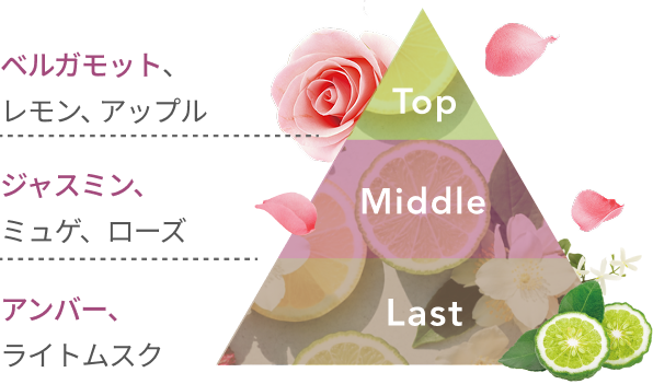 Top ベルガモット、レモン、アップル Middle ジャスミン、ミュゲ、ローズ Last アンバー、ライトムスク