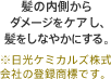 髪の内側からダメージをケアし、髪をしなやかにする。※日光ケミカルズ株式会社の登録商標です。