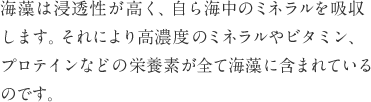 海藻のエキスを配合。海藻は浸透性が高く、自ら海中のミネラルを吸収します。それにより高濃度のミネラルやビタミン、プロテインなどの栄養素が全て海藻に含まれているのです。