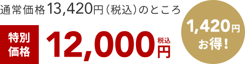 通常価格13,420円（税込）のところ 特別 価格 12,000円 税込 1,420円 お得！