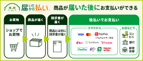 届いてから払い。  商品が届いた後にお支払いができる  お買物 ショップでお買物  商品が届く  請求書が届く 商品とは別に請求書が届く  後払いでお支払い スマホから VISA Mastercard PayPay d払い SoftBank Y!mobile FamiPay PayB ゆうちょPay 楽天銀行 お店などで コンビニ 銀行 郵便振替