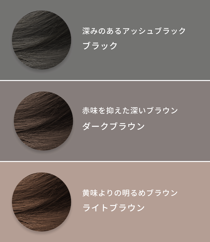 深みのあるアッシュブラック  ブラック  赤味を抑えた深いブラウン  ダークブラウン  黄味よりの明るめブラウン  ライトブラウン