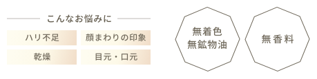 こんなお悩みに  ハリ不足  乾燥  顔まわりの印象  目元・口元  無着色 無鉱物油  無香料