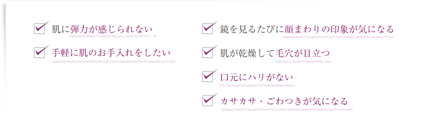 肌に弾力が感じられない  手軽に肌のお手入れをしたい  鏡を見るたびに顔まわりの印象が気になる  肌が乾燥して毛穴が目立つ  口元にハリがない  カサカサ・ごわつきが気になる