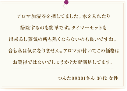 アロマ加湿器を探してました。水を入れたり掃除するのも簡単です。タイマーセットも出来るし蒸気の所も熱くならないのも良いですね。音も私は気になりません。アロマが付いてこの価格はお買得ではないでしょうか？大変満足してます。つんた08301さん 30代 女性