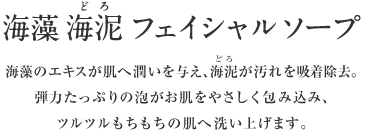 海藻 海泥 フェイシャルソープ 海藻のエキスが肌へ潤いを与え、海泥が汚れを吸着除去。弾力たっぷりの泡がお肌をやさしく包み込み、ツルツルもちもちの肌へ洗い上げます。