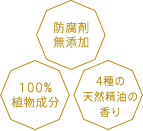 防腐剤無添加 100%植物成分 4種の天然精油の香り