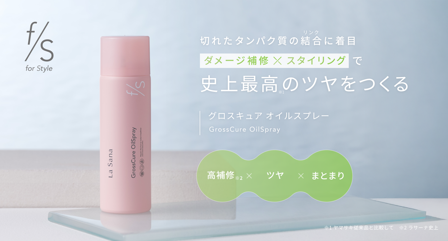 f/s for Style  切れたタンパク質の結合に着目 ダメージ補修×スタイリングで史上最高※1のツヤをつくる  グロスキュア オイルスプレー  GrossCure OilSpray  高補修※2×ツヤ×まとまり  ※1 ヤマサキ従来品と比較して　※2 ラサーナ史上