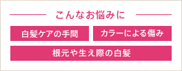 こんなお悩みに 白髪ケアの手間 カラーによる傷み 根元や生え際の白髪