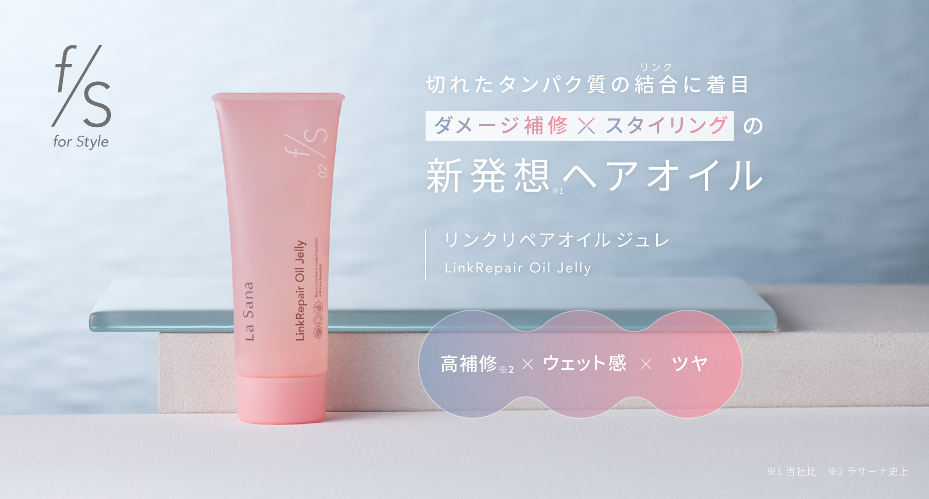f/s for Style  切れたタンパク質の結合に着目  ダメージ補修×スタイリングの新発想※1ヘアオイル  リンクリペアオイル ジュレ  LinkRepair Oil Jelly  高補修※2 × ウェット感 × ツヤ  ※1 当社比　※2 ラサーナ史上