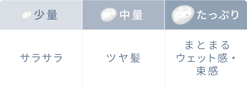 少量 サラサラ  中量 ツヤ髪  たっぷり まとまるウェット感・束感