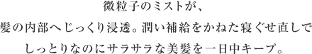 微粒子のミストが、髪の内部へじっくり浸透。潤い補給をかねた寝ぐせ直しでしっとりなのにサラサラな美髪を一日中キープ。