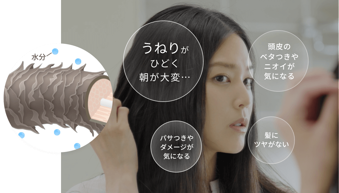 うねりがひどく朝が大変… 頭皮のベタつきやニオイが気になる パサつきやダメージが気になる 髪にツヤがない 水分