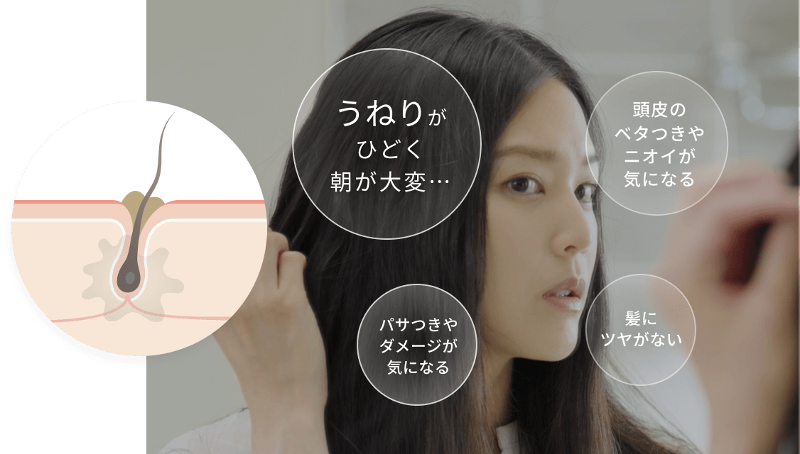 うねりがひどく朝が大変… 頭皮のベタつきやニオイが気になる パサつきやダメージが気になる 髪にツヤがない