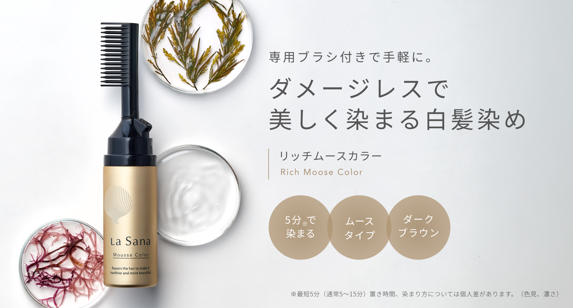 専用ブラシ付きで手軽に。 ダメージレスで美しく染まる白髪染め リッチムースカラー Rich Mousse Color 5分※で染まる ムースタイプ ダークブラウン ※最短5分(通常5~15分)置き時間、染まり方については個人差があります。(色見、濃さ)