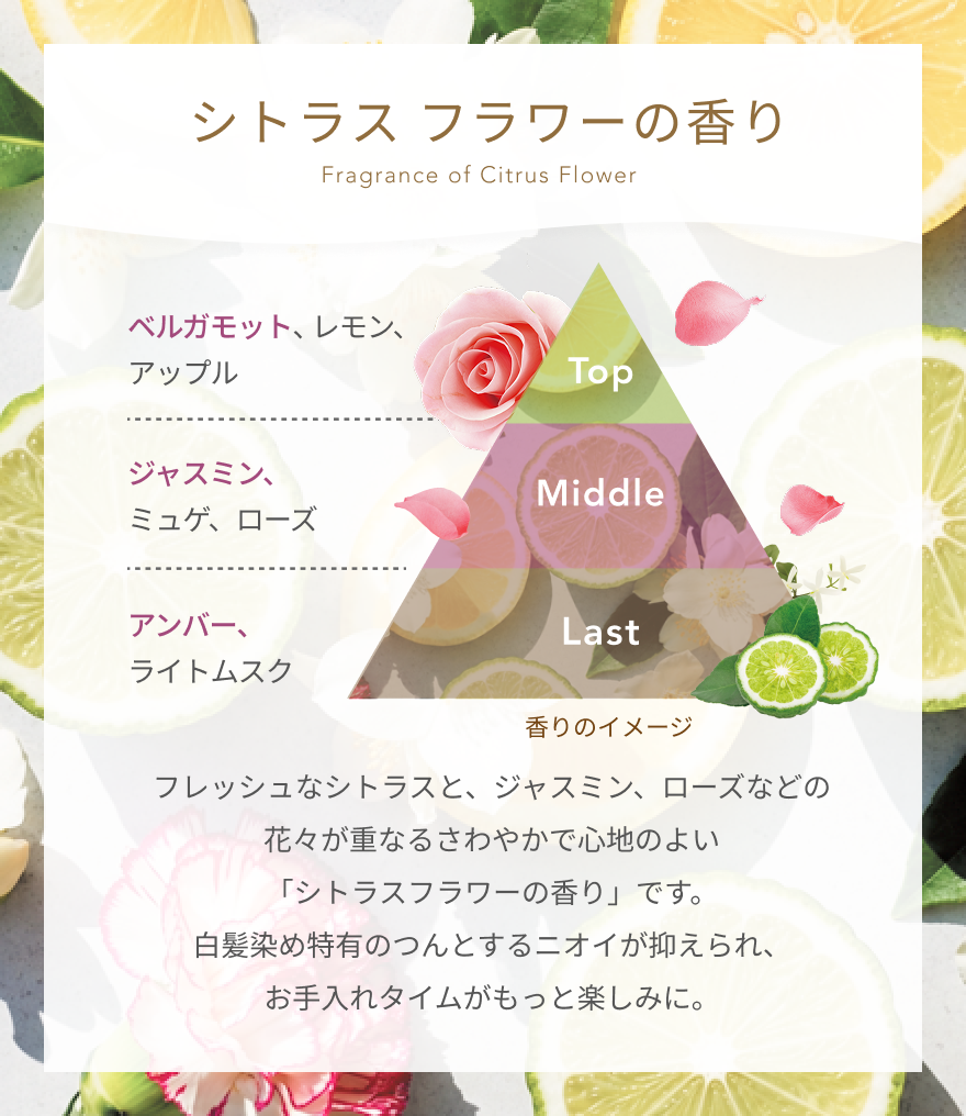 シトラスフラワーの香り Fragrance of Citrus Flower  Top ベルガモット、レモン、アップル  Middle ジャスミン、ミュゲ、ローズ  Last アンバー、ライトムスク  香りのイメージ  フレッシュなシトラスと、ジャスミン、ローズなどの花々が重なるさわやかで心地のよい「シトラスフラワーの香り」です。白髪染め特有のつんとするニオイが抑えられ、お手入れタイムがもっと楽しみに。