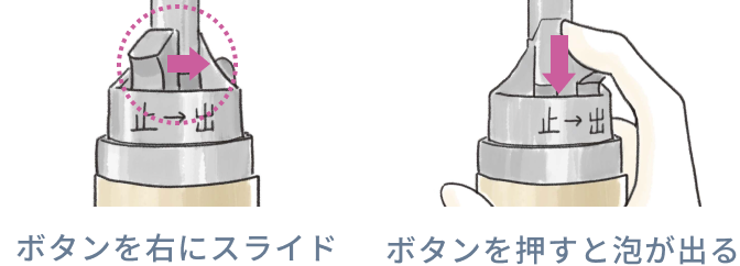 ボタンを右にスライド ボタンを押すと泡が出る