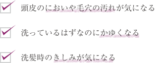 頭皮のにおいや毛穴の汚れが気になる  洗っているはずなのにかゆくなる  洗髪時のきしみが気になる