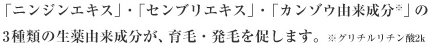 「ニンジンエキス」・「センブリエキス」・「カンゾウ由来成分※」の3種類の生薬由来成分が、育毛・発毛を促します。※グリチルリチン酸2k